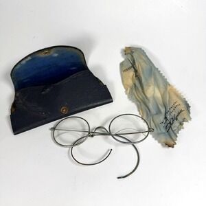 Vtg Round Wire Rim Bifocal Eyeglasses Original Case Soft-Lite Cloth Set Patina